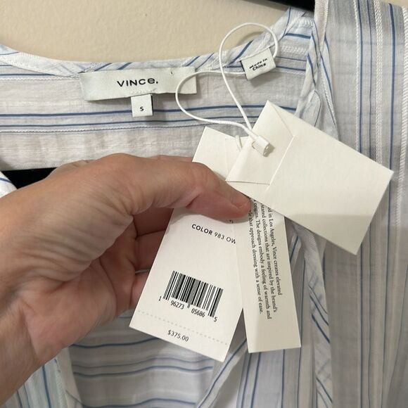 NWT Vince Womens Dress White Blue Drapey Stripe Shirred Short Sleeve Midi $375 - Picture 5 of 11